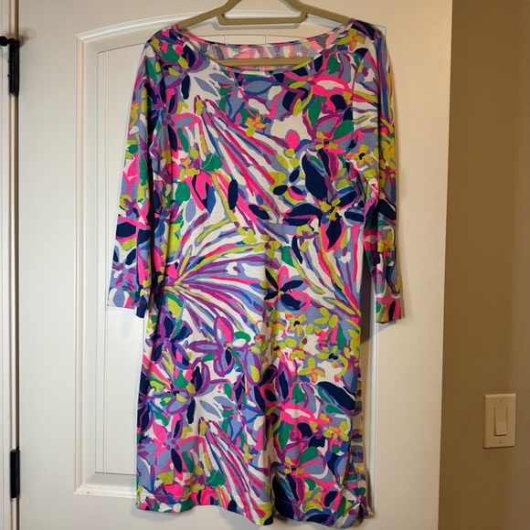 Lilly Pulitzer Marlowe Dress Havin A Blast 3/4 Sleeve Blue Pink Tropical Size M - Picture 2 of 7
